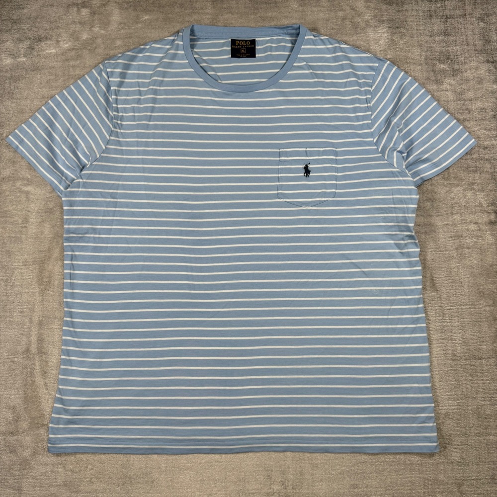Polo Ralph Lauren Shirt Mens XL Blue White Striped Pocket Tee Embroidered Logo